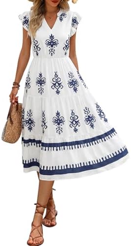 Women's Summer Floral Midi Dress Smocked Waist V Neck Ruffle Slee...
