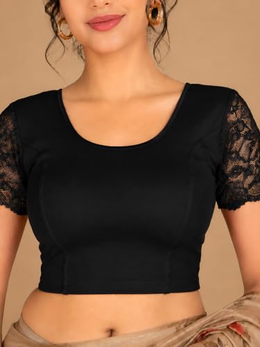 Image of Abhi Cotton Readymade Saree Blouse for Women- Half Net Sleeves, Round Neck, Regular-fit, Stretchable, Pull-on Style Blouse