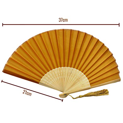 Image of Fabric Folding Hand Fan with Tassel - Grade A Bamboo Ribs for Women (Dark Gold Yellow)