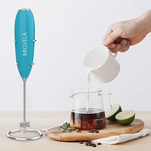 Image of Coffee Milk Frother Handheld Double Whisk Electric Drink Mixer Battery Operated One-Button Hand Held Foam Maker with Stand for Coffee Latte Cappuccino Hot Chocolate (Blue)