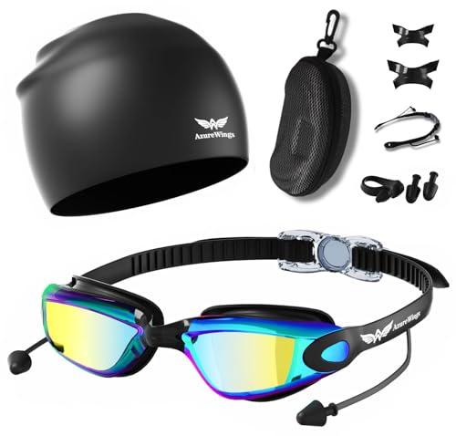 AzureWings 7 in 1 Swim Goggles + Swim Cap for Men Women Kit, Swimming Goggles With Ear Plugs, No Leak Anti-Fog & UV, HD Wide Vision PC Lens