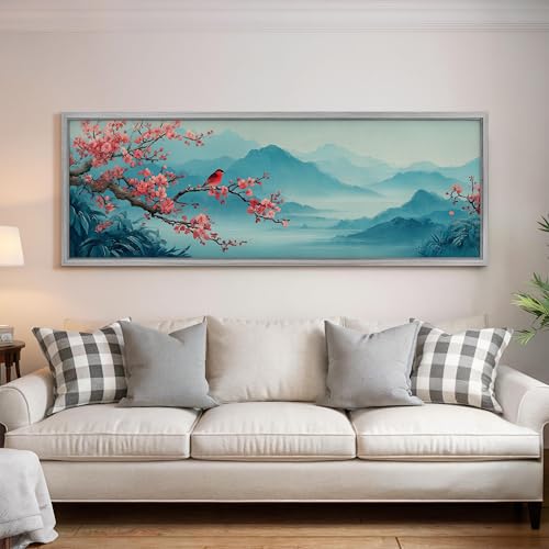 Impression horizontale allongée montagne brumeuse et oiseau rouge 50x150