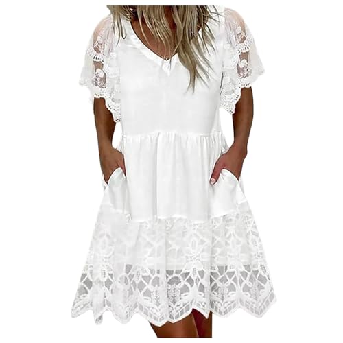 Robe courte fluide col en V avec épissure dentelle fine et volants