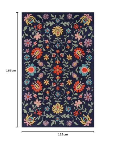 Image of Floral Pattern Wool Carpet with Loop Texture Yarn Anti Shedding Carpet Size 4x6 Feet A3 Blue & Multi