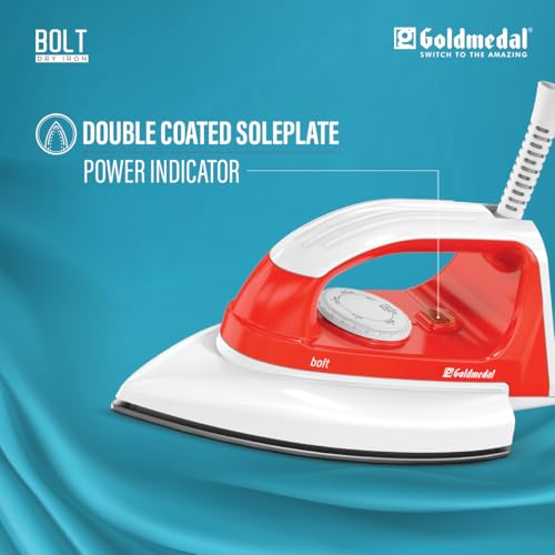 Image of Goldmedal Bolt 1000W Dry Iron | Non-stick Weilburger Premium Double Coated Soleplate | 5 Fabric Setting |1.8 Meter Cord | Thermal Fuse For Additional Safety| 2.5 Years Warranty | Light Weight (Red)