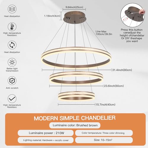 YT YATAI LIGHTING Modern Led Chandelier,Remote Control 3 Rings Contemporary Led Chandelier Circular Pendant Light, Black Dimmable Hanging Ceiling Light Fixture for Living Dining Room,210W