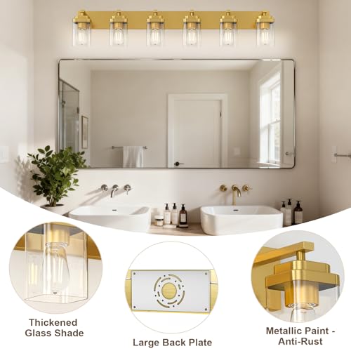 Image of Brushed Gold Bathroom Light Fixtures, 6 Lights Bathroom Lighting Fixtures Over Mirror, Square Design & Rectangle Large Backplate, Modern Vanity Lighting Fixtures, for Living Room /Bedroom