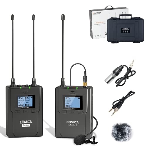 Wireless Microphone System, COMICA CVM-WM200C 96-Channels Professional UHF Lavalier Lapel Microphone Kit for Canon Nikon Sony DSLR Cameras, XLR Camcorders and Smartphone (1TX+1RX)