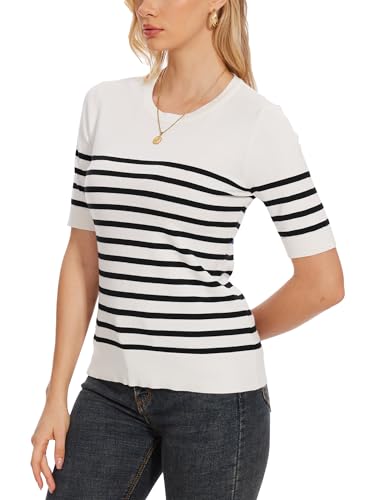 Image of Spicy Sandia Women's Short Sleeve Sweater Casual Knit Pullover Top for Summer Lightweight White and Black Striped M