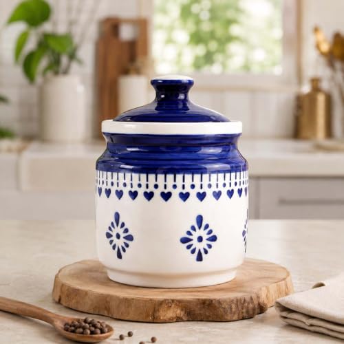 Image of The Earth Store Blue Drape Pickle Jar Set of 1 - 600ML Ceramic Jar for Kitchen Storage | Microwave & Dishwasher Safe Achar Container | Pickle, Salt & Spice Storage Jar | Barni Jar