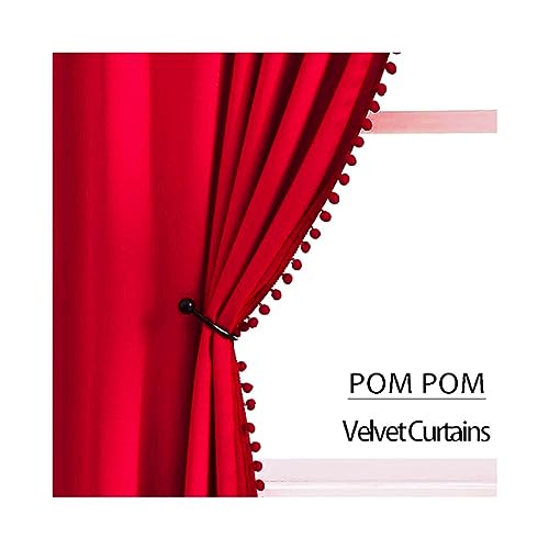 Image of Amazon Brand - Umi Velvet Eyelet Door Curtains with pom pom Lace for Living Room Bedroom Kitchen 2 pc Pack in Red Color (Door - 4 feet x 7 feet)
