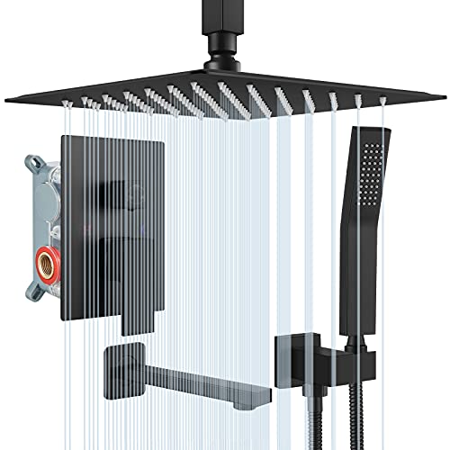 gotonovo Matte Black Shower System with Tub Spout 12 Inches Ceiling Mount 3 Function Mixer Shower Combo Set Rainfall Shower Head Handheld Shower Bathroom Luxury Rough-in Valve Body and Trim Kit