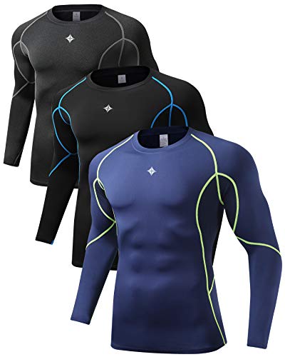 Milin Naco 3 Pack Men's Cool Dry Baselayer Tops Long Sleeve Compression Shirts-Black/Hemp