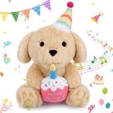 Prewplam Birthday Sit Dog Plush Toy- Happy Birthday Singing & Glow Stuffed Animal, Musical Dancing Soft Puppy Stuffed Animal with Light-Up Cake, Singing Toy Party Doll Decor Gift for Girls Kids Boys