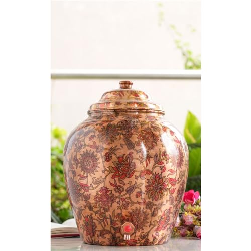 Image of Indian Art Villa Printed Flower & Leaf Design Copper Water Dispenser Pot Matka, Storage, Home Kitchen Garden, 13 LTR