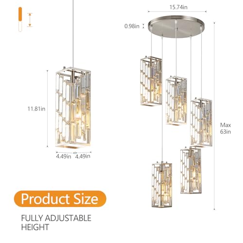 Image of Brushed Nickel Pendant Lighting Modern Pendant Light, Mini Crystal Chandeliers, Adjustable Pendant Light Fixture for Kitchen Island Dinning Room Bedroom (5 Light)