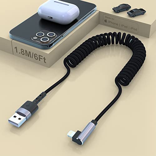 Coiled Lightning Cable, 90 Degree Nylon Braided Fast Charging Cable [Apple MFi Certified & CarPlay Compatible] 6FT Cord Data Transmission Compatible with iPhone 13/12/11/11Pro/11Max/X/XS/XR/XS Max/8 Cover