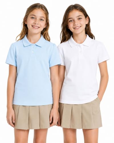 HILEELANG Girls Polo Shirts Uniform 2 Pack Pique Tops White Light Blue