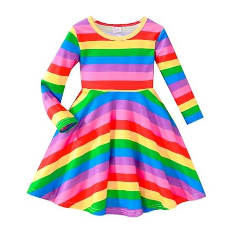 Kids Girl Winter Dress Rainbow Swing Long Sleeve Dresses Outfits for Big Girl Playwear Skirts Clothes Outwear 6T Cover