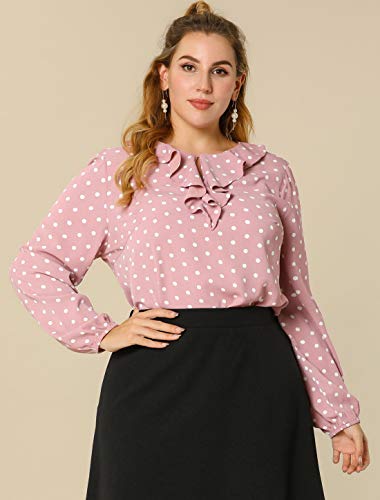 Allegra K Women's Ruffle Neck Long Sleeve Vintage Polka Dots Tunics Blouse Shirt M Pink