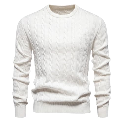 Men's Cotton Pullover Sweater Embroidered Twist Pattern Knit Jumper Round Neck Soft Warm Fashion Winter Top