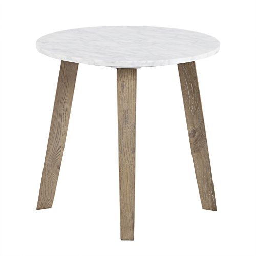 Madison Park Milo Accent Round Marble Tabletop With Natural Wooden Legs Mid-Century Modern Style Side/End Table, 20 Inch Wide, White #TOP3