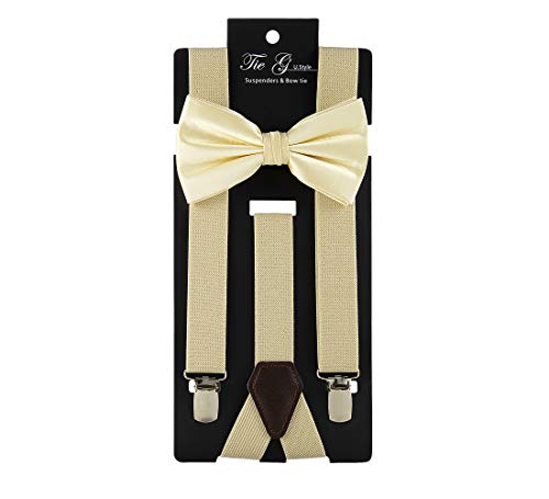 TIE G Solid Color Men's Suspender + Woven Bow Tie Set for Wedding : Vivid Color, Adjustable Brace, Strong Enhanced Clip, Elastic Band (Champagne Beige)