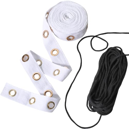 CABODYALS Cinta de Ojales Blanca de 3.65 m con Ojales Anchos Ribete de Algodón Metal Ojales Dorados Cinta de Sarga con Cinta Trenzada de Poliéster Redonda para Coser Hacer Ropa Vestidos Faldas Corsés