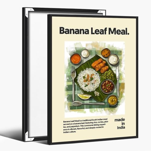 Colorful Banana Leaf Meal Canvas Wall Art Prints Trendy South Indian Cuisine Pictures Retro Minimalist Foodie Posters for Dining Room Kitchen Wall Decor 12x18inch black framed