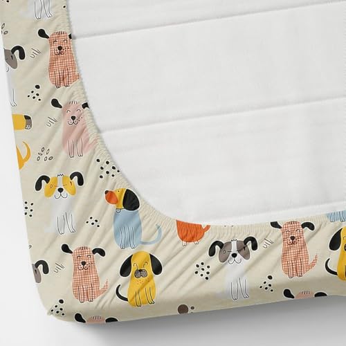 Image of RD FABS Glace Cotton Wrinkle Free Soft Hypoallergenic Elastic Fitted Cartoon Printed Bedsheet for Kids with 2 Pillow Covers, Double Bed, 78 x 72 Inches (Fits up to 8 Inch), Beige Dog, 300 TC