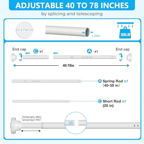 Image of MEXAU White Shower Curtain Rod 40-78 Inch | Adjustable 1.26 Inch Diameter Tension Curtain Rod No Drill,Tension Rod for Window,Bathroom,Outdoor,Room Divider