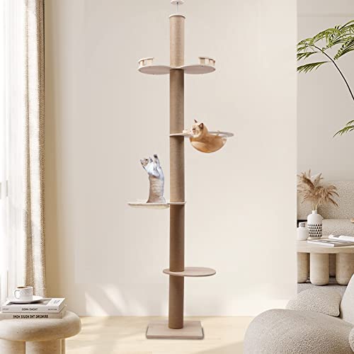 TFCFL Cat Tree, 5-Tier Floor to Ceiling Cat Climbing Tower with Hammock, Scratching Posts, Solid Pine Wood, Height Adjustable (100.4-104.3 Inches) for Active Indoor Climbers, 33LBS Capacity