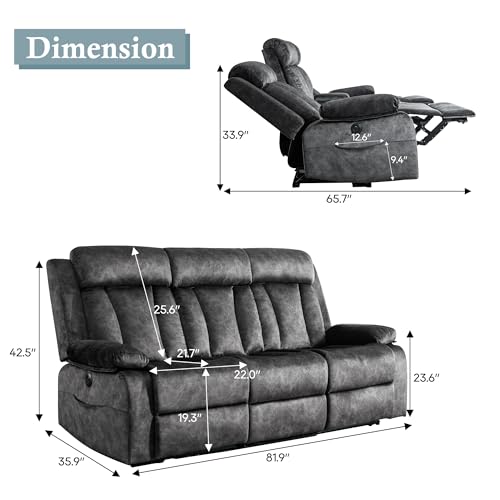 GUEAPY Power Reclining Sofa, 3-Seater Reclining Couch with Massage & Heat, Drop-Down Table, USB & Type-C Charging Ports, Cup Holders, Dutch Velvet, RV & Living Room Reclining Seating