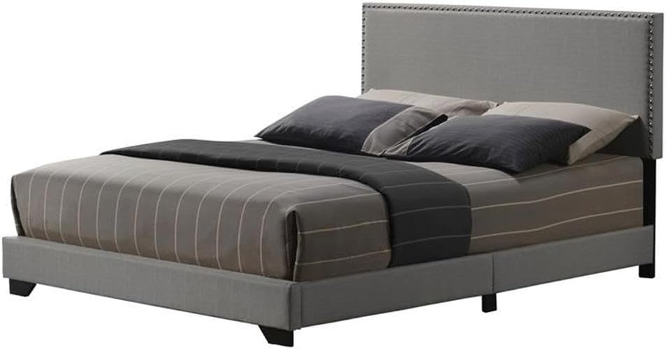 Acme Leandros Fabric Upholstered Queen Bed with Nailhead Trim in Light Gray