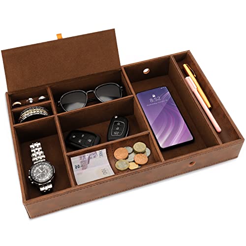 BELLE VOUS Bandeja Llaves Recibidor Cuero Sintético Marrón - Vacía Bolsillos Entrada, Recibidor, Mesa de Noche - Bandeja de Escritorio 6 Compartimentos - Billetera, Móvil, Joyas, Accesorios, Gemelos