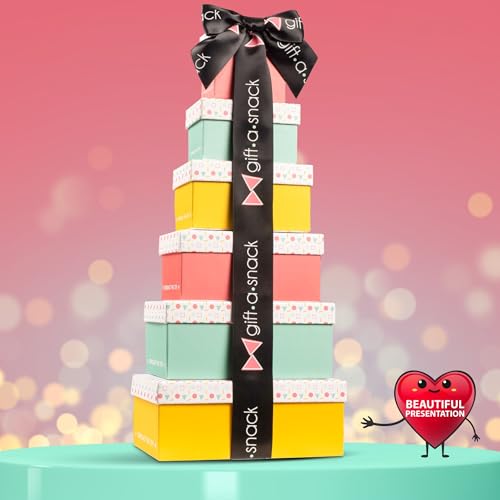 Image of Gift A Snack - Tower Snack Box Variety Pack Care Package + Greeting Card (40 Count) Birthday Sweet Treats Gift Basket, Candies Chips Crackers Office Food Assortments