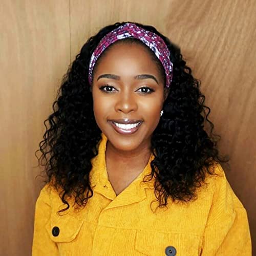 Image of Celiarita Headband Wig Human Hair Deep Wave 14 inch None Lace Front Machine Made Half Wigs for Black Women Human Hair Headband Wig Deep Wave 150% Density Natural Color
