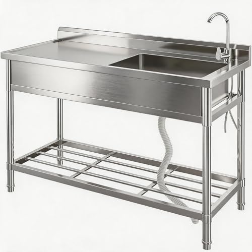 Stainless Steel Utility Sink, 47" x 20" x 37" Free Standing Single Bowl Sink with Faucet, Legs, Cold and Hot Water Pipe for Laundry, Kitchen, Garage, Outdoor, Garden, Heavy-Duty, Easy to Clean