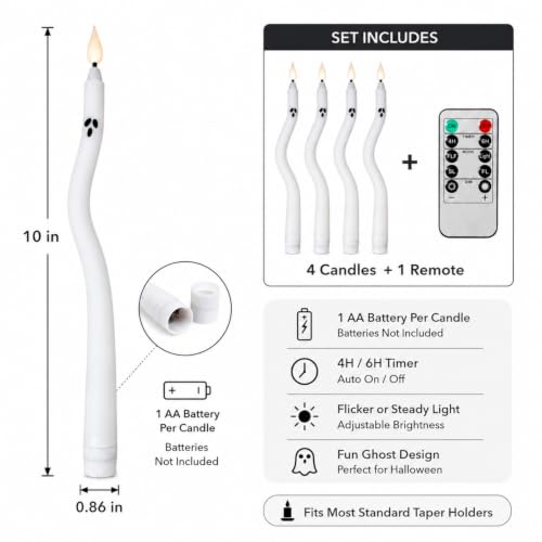 Image of Ghost Flameless LED Taper Candles, 10 Inch Flickering Wax Candles with Remote & Timer, Battery Operated Dripless Tapered Candle for Home Wedding Decor, 4Pack