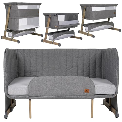 Olmitos – Cuna Bebe multifunción Colecho 4 en 1 Cama Infantil SOMNI evolutiva – Minicuna Convertible y Parque de Juegos 2 Niveles – Sofa Infantil Colchón viscoelástico 15cm con Barrera (Gris)