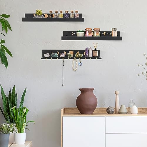 Crystal Shelf with Hooks Set of 3, Moon Shelf Display Wall Mount, Wood Floating Shelves for Celestial Decor and Room Decor, Crystal Display Shelf Holder for Stones, Essential Oils (Black)