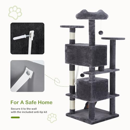 DUMOS 54-inch Indoor Cat Tree Tower –Multi-Level Pet House for Large Cats with 2 Condos, Scratching Posts, Round Platform, Small Ladder, and Toys – Perfect for Cats of All Ages, Dark Grey - Image 6