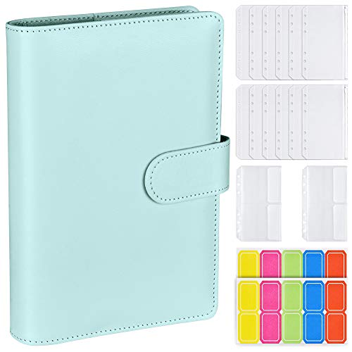 14pcs A6 Plastic Binder Pockets with Leather Notebook Binder Cover, 6-Ring Budget Binder Loose Leaf Zipper Bags Envelope System Planner with Label Stickers-Blue