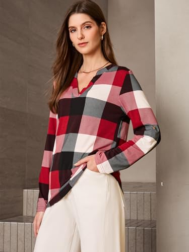 Image of Dokotoo Womens Tops Plaid Cotton Cuffed 3 /4 Sleeve Shirts Blouses