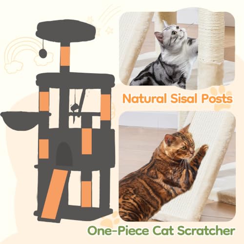 Image of Taoqimiao Sturdy Cat Tree, Cat Tower for Indoor Cats, Extra-Large Platform | 58.7Inch, Widened Cat Condo with Large Scratch Board, Top Perch, 6 Scratching Posts, Soft Basket, Cat Toys, Beige MS045M