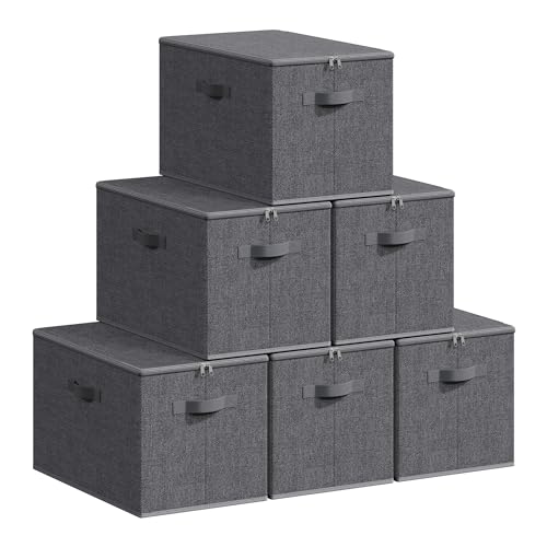 SONGMICS Aufbewahrungsbox mit Deckel, faltbare Stoffbox mit Griffen, Aufbewahrung für Kleidung, Vliesstoff, 6er Set, 50 x 30 x 30 cm, schiefergrau RZB050GN03