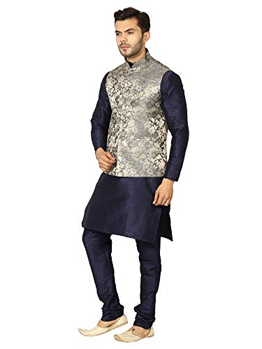 Image of Uri and MacKenzie Men's Silk Blend Regular Kurta Churidar Pyjama with Bundi Nehru Jacket /Waistcoat