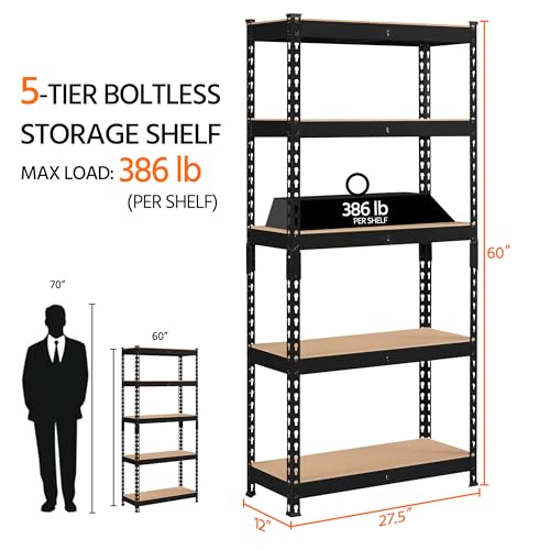 Topeakmart-5-Tier-Utility-Shelves-Metal-Storage-Shelves-Adjustable-Shelving-Units-Boltless-Assembly-Garage-Shelves-Shed-Shelving-for-Warehouse-Garage-Shed-Basement-Black-275-x-12x-60-Inch