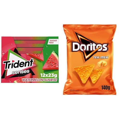 Trident Chicles sin Azúcar con Sabor a Sandía, 12 x 23g + Doritos Tex Mex, Nachos con sabor a queso, Producto de Aperitivo, bolsa individual, 140gr