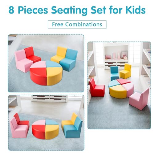 kinbor Toddler Couch Daycare Furniture - 8 Pieces Seating Set for Daycare Kids Playroom Furniture, Children Chairs Sofas Colorful Flexible Seating for Home Preschool Playroom
